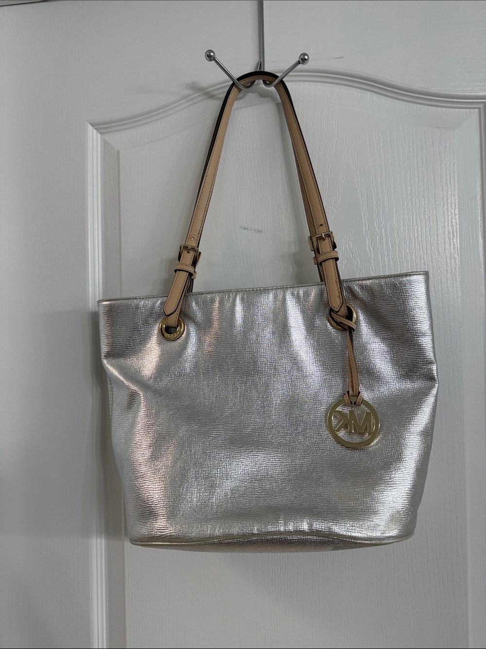 Michael Kors Metallic Silver Tote with Tan Straps